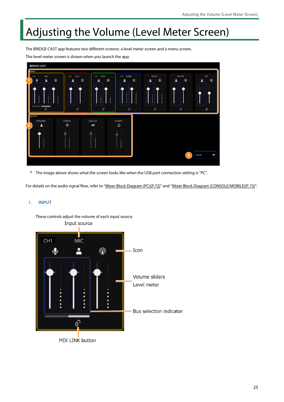 Adjusting the volume (level meter screen), Adjusting the volume (level meter screen)(p | Roland BRIDGE CAST Dual-Bus Gaming Mixer User Manual | Page 25 / 74