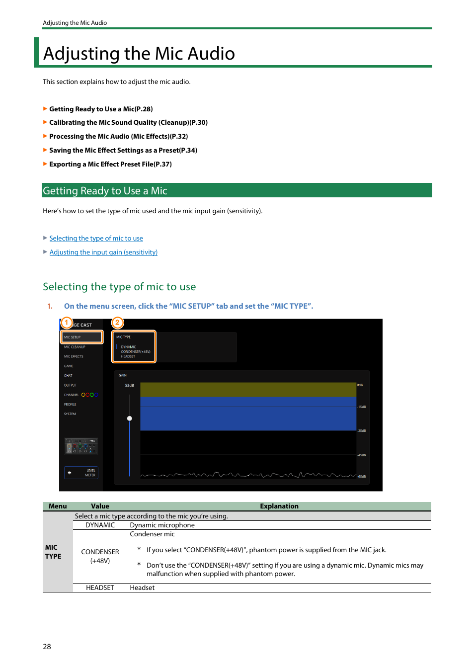 Adjusting the mic audio, Getting ready to use a mic, Selecting the type of mic to use | Pp: getting ready to use a mic | Roland BRIDGE CAST Dual-Bus Gaming Mixer User Manual | Page 28 / 74