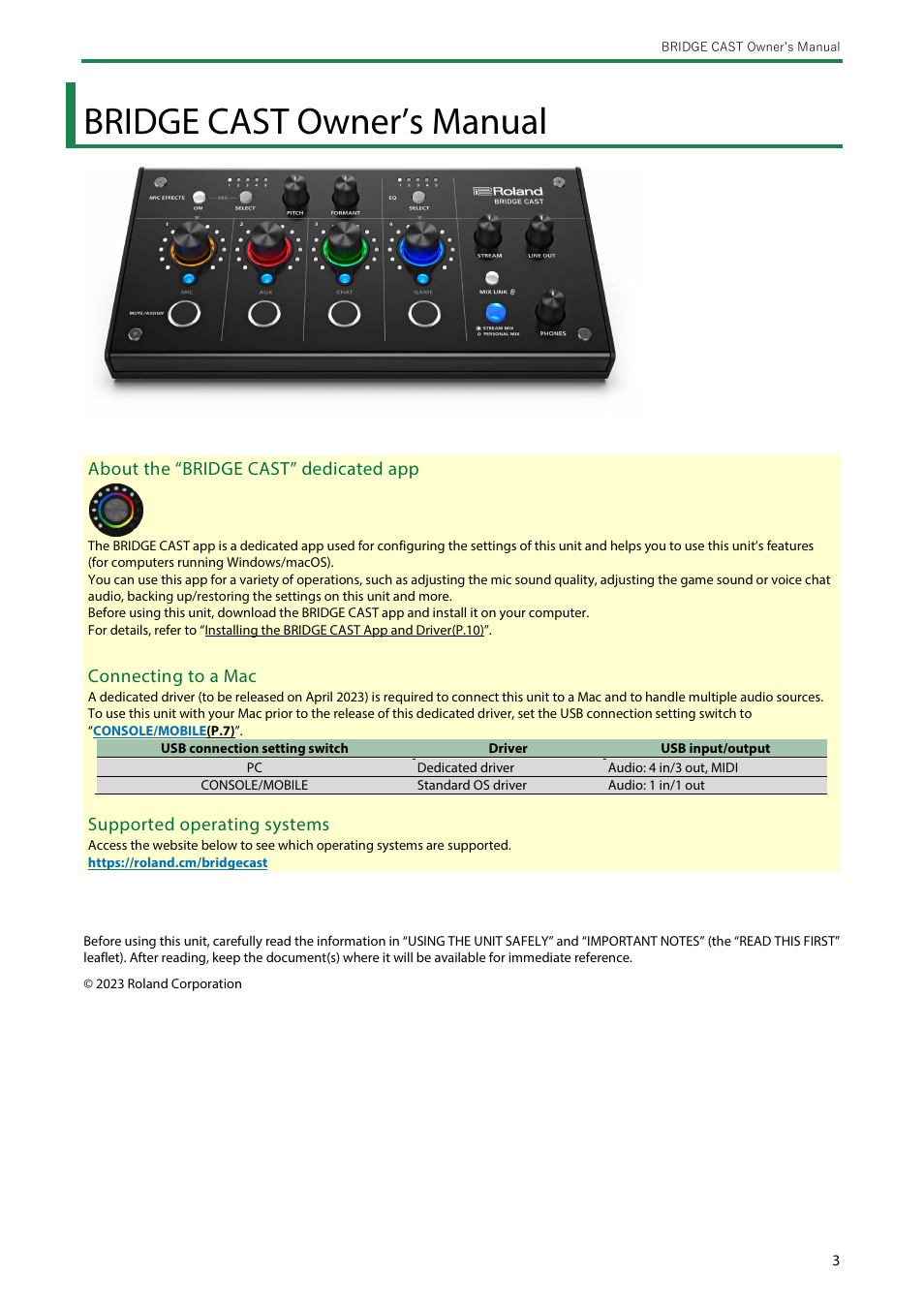 Bridge cast owner’s manual, About the “bridge cast” dedicated app, Connecting to a mac | Supported operating systems | Roland BRIDGE CAST Dual-Bus Gaming Mixer User Manual | Page 3 / 74