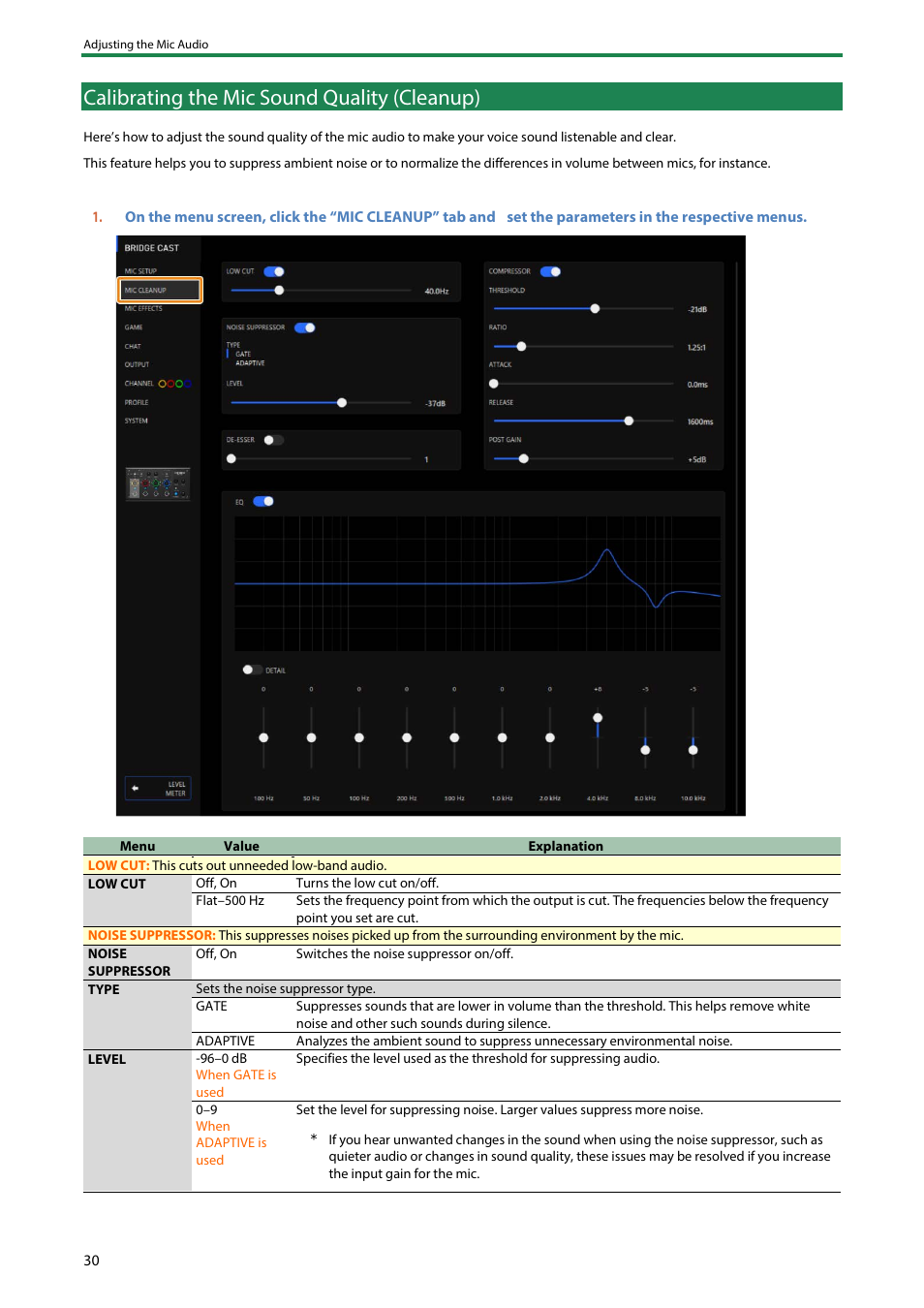 Calibrating the mic sound quality (cleanup) | Roland BRIDGE CAST Dual-Bus Gaming Mixer User Manual | Page 30 / 74