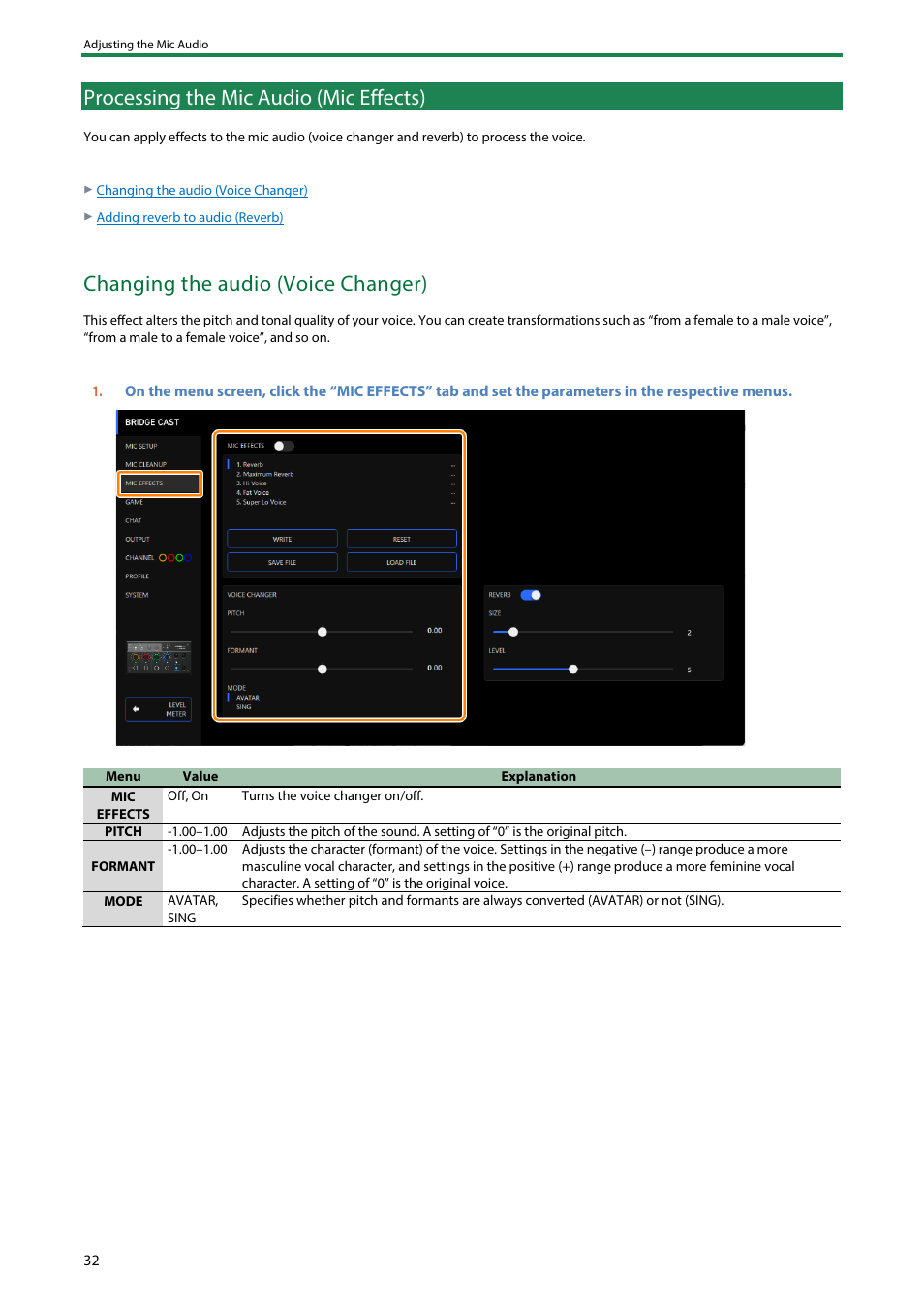 Processing the mic audio (mic effects), Changing the audio (voice changer) | Roland BRIDGE CAST Dual-Bus Gaming Mixer User Manual | Page 32 / 74