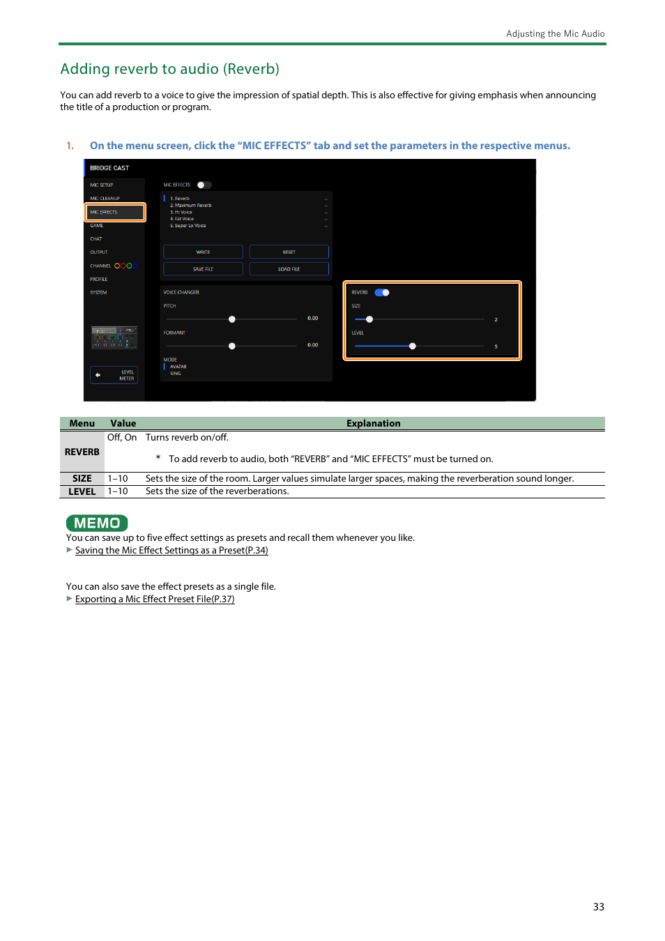 Adding reverb to audio (reverb) | Roland BRIDGE CAST Dual-Bus Gaming Mixer User Manual | Page 33 / 74