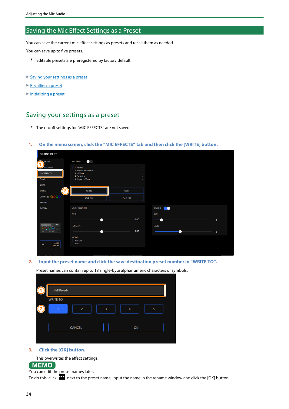 Saving the mic effect settings as a preset, Saving the mic effect settings as a preset(p, Saving your settings as a preset | Roland BRIDGE CAST Dual-Bus Gaming Mixer User Manual | Page 34 / 74