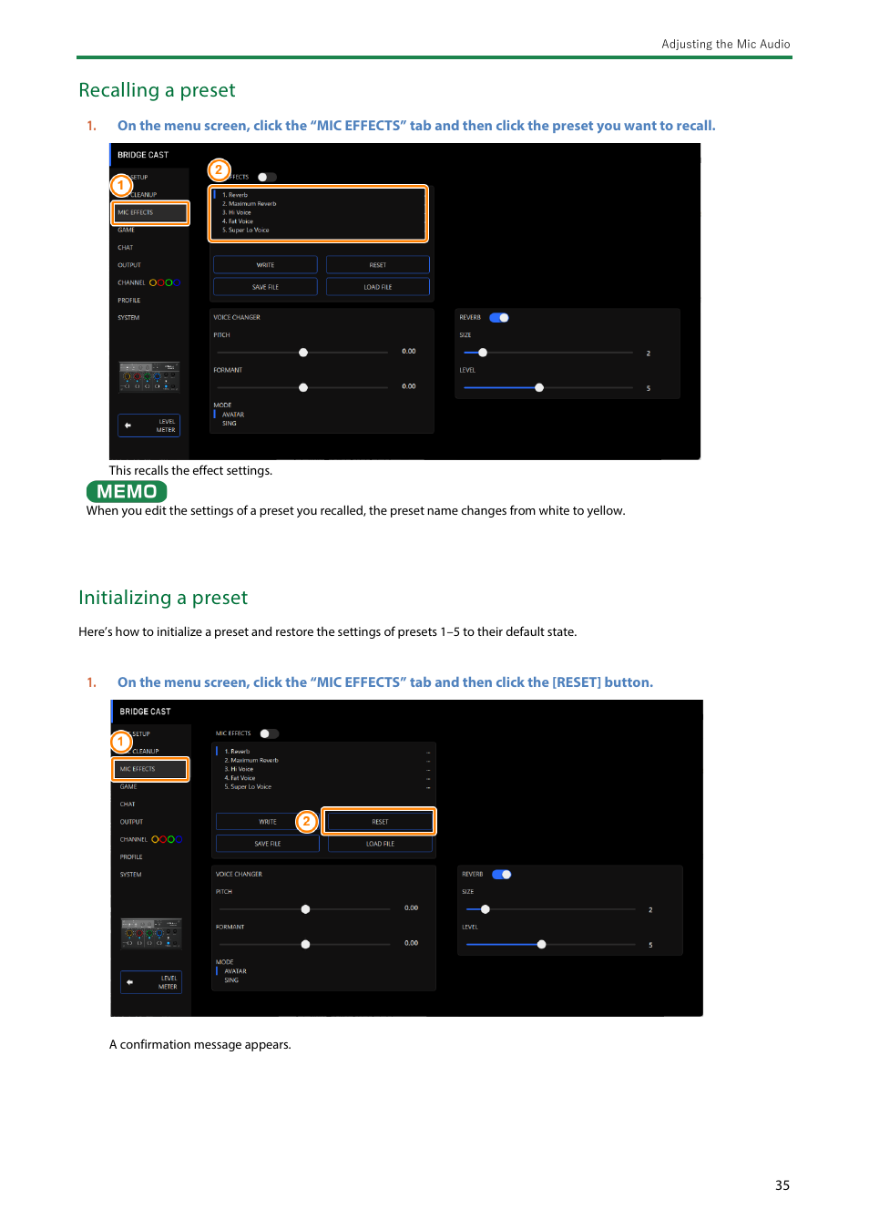 Recalling a preset, Initializing a preset | Roland BRIDGE CAST Dual-Bus Gaming Mixer User Manual | Page 35 / 74