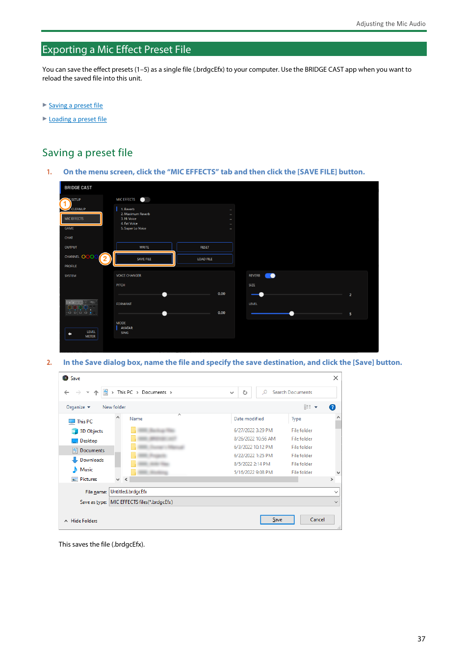 Exporting a mic effect preset file, Exporting a mic effect preset file(p.37), Exporting a mic effect preset file(p | Saving a preset file | Roland BRIDGE CAST Dual-Bus Gaming Mixer User Manual | Page 37 / 74