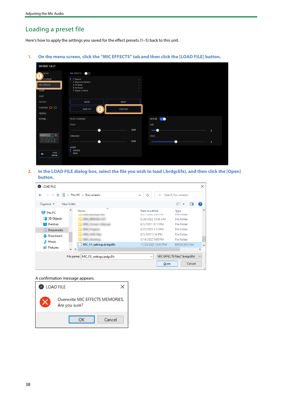 Loading a preset file | Roland BRIDGE CAST Dual-Bus Gaming Mixer User Manual | Page 38 / 74