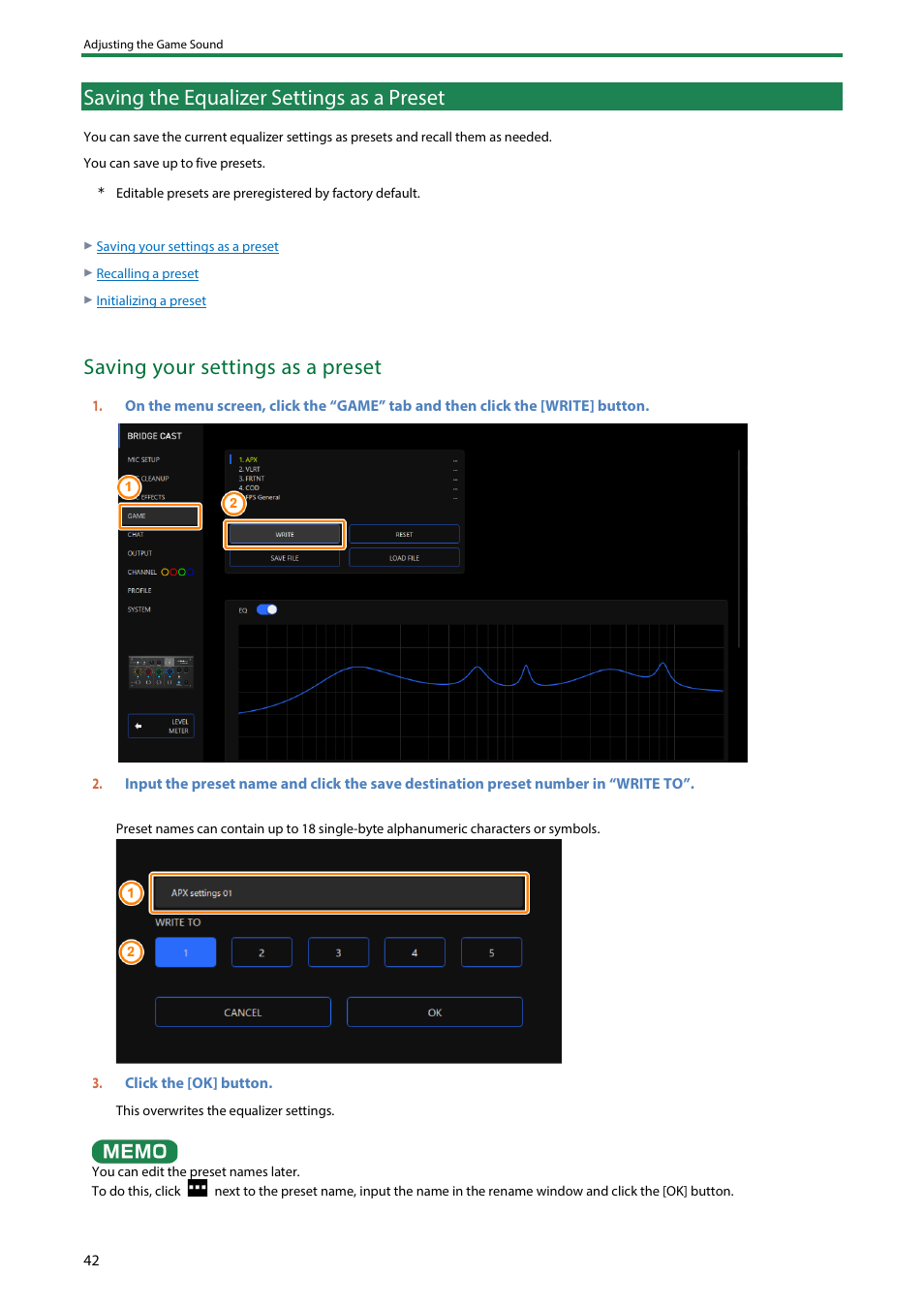 Saving the equalizer settings as a preset, Saving the equalizer settings as a preset(p, Saving your settings as a preset | Roland BRIDGE CAST Dual-Bus Gaming Mixer User Manual | Page 42 / 74