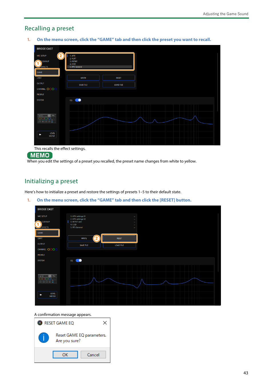 Recalling a preset, Initializing a preset | Roland BRIDGE CAST Dual-Bus Gaming Mixer User Manual | Page 43 / 74