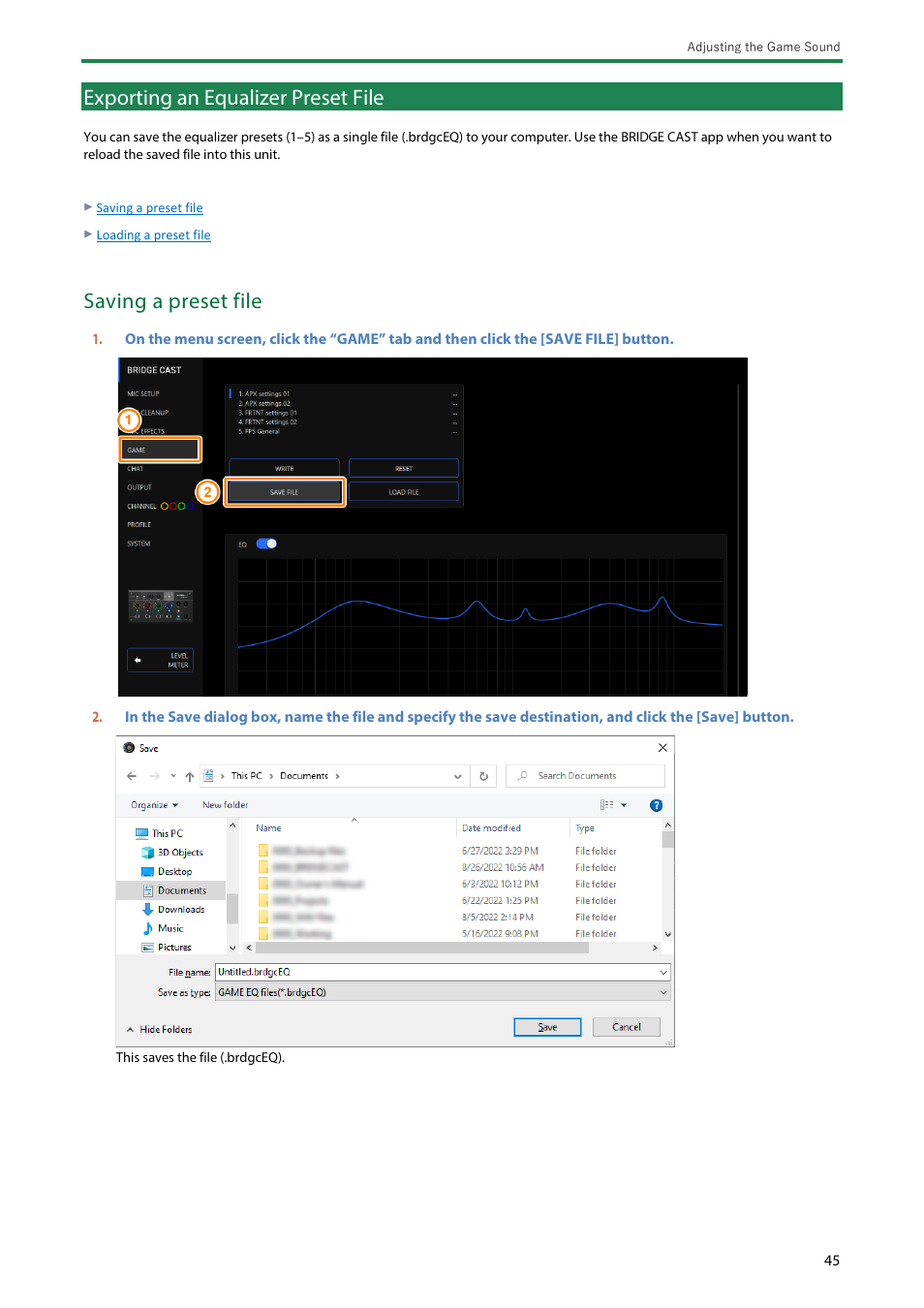 Exporting an equalizer preset file, Exporting an equalizer preset file(p, Saving a preset file | Roland BRIDGE CAST Dual-Bus Gaming Mixer User Manual | Page 45 / 74