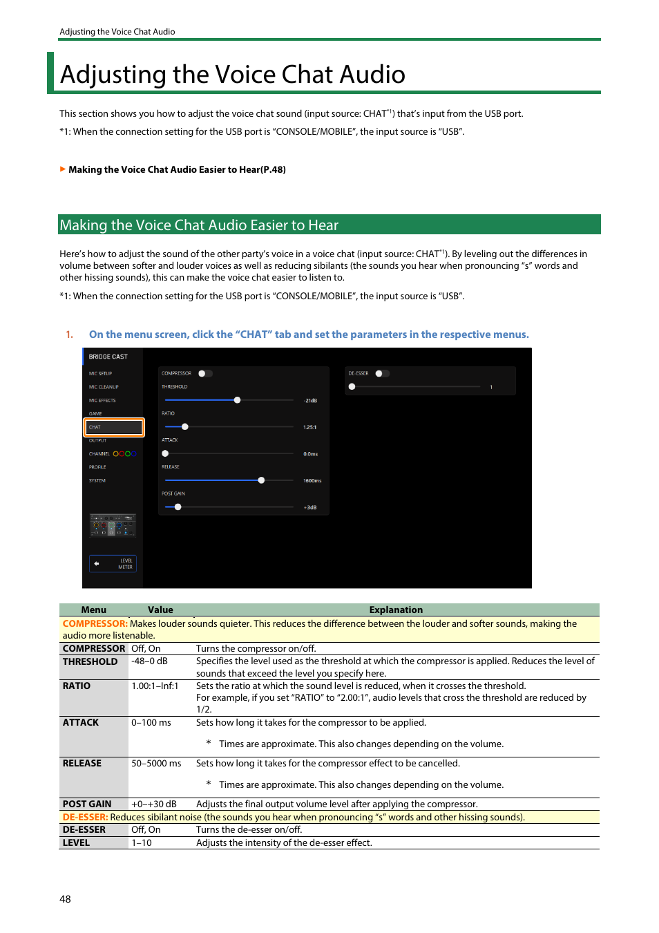 Adjusting the voice chat audio, Making the voice chat audio easier to hear | Roland BRIDGE CAST Dual-Bus Gaming Mixer User Manual | Page 48 / 74