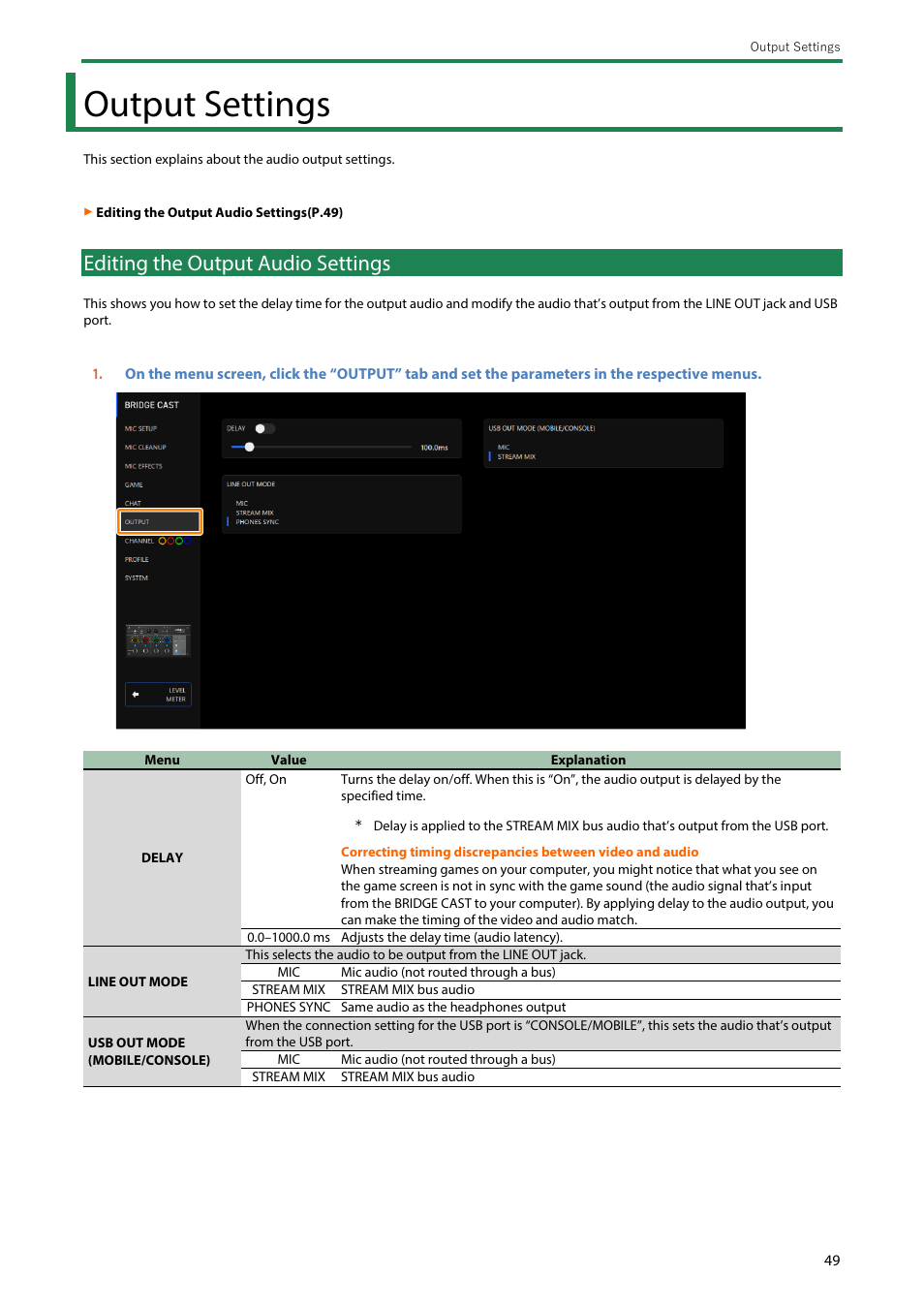 Output settings, Editing the output audio settings, Usb out mode (mobile/console) | Line out mode | Roland BRIDGE CAST Dual-Bus Gaming Mixer User Manual | Page 49 / 74