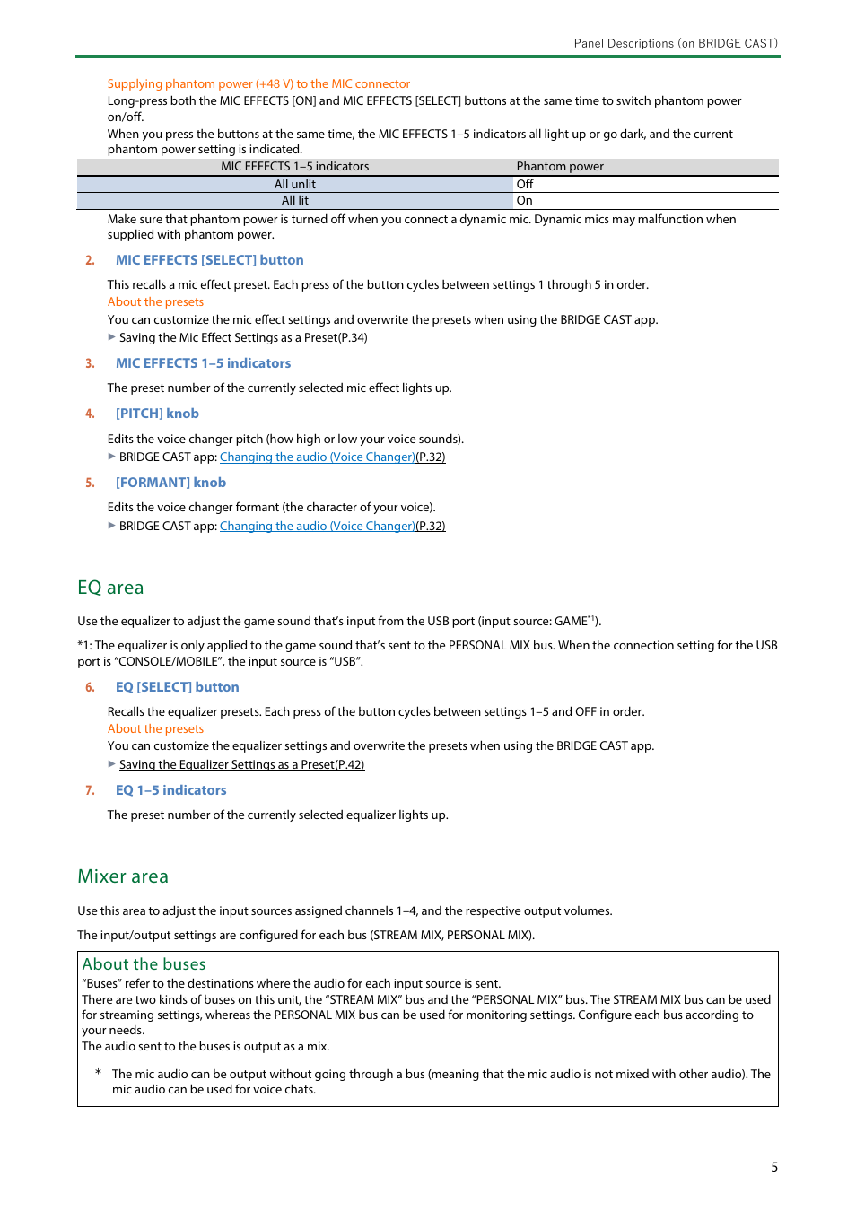 Eq area, Mixer area, About the buses | Roland BRIDGE CAST Dual-Bus Gaming Mixer User Manual | Page 5 / 74