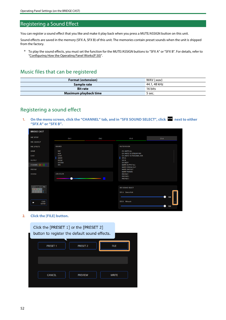 Registering a sound effect, Music files that can be registered | Roland BRIDGE CAST Dual-Bus Gaming Mixer User Manual | Page 52 / 74