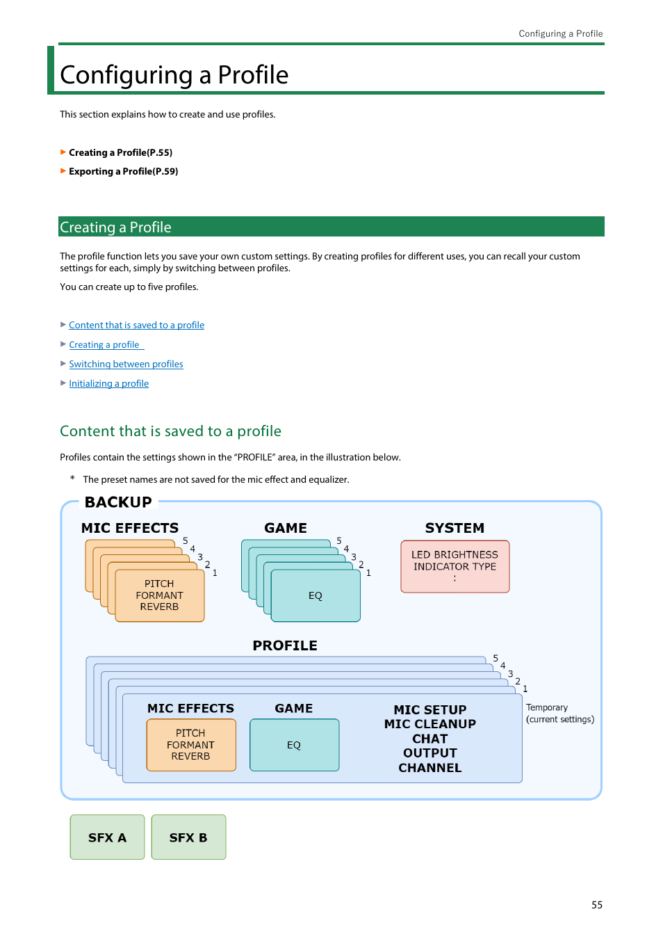 Configuring a profile, Creating a profile, Content that is saved to a profile | Roland BRIDGE CAST Dual-Bus Gaming Mixer User Manual | Page 55 / 74