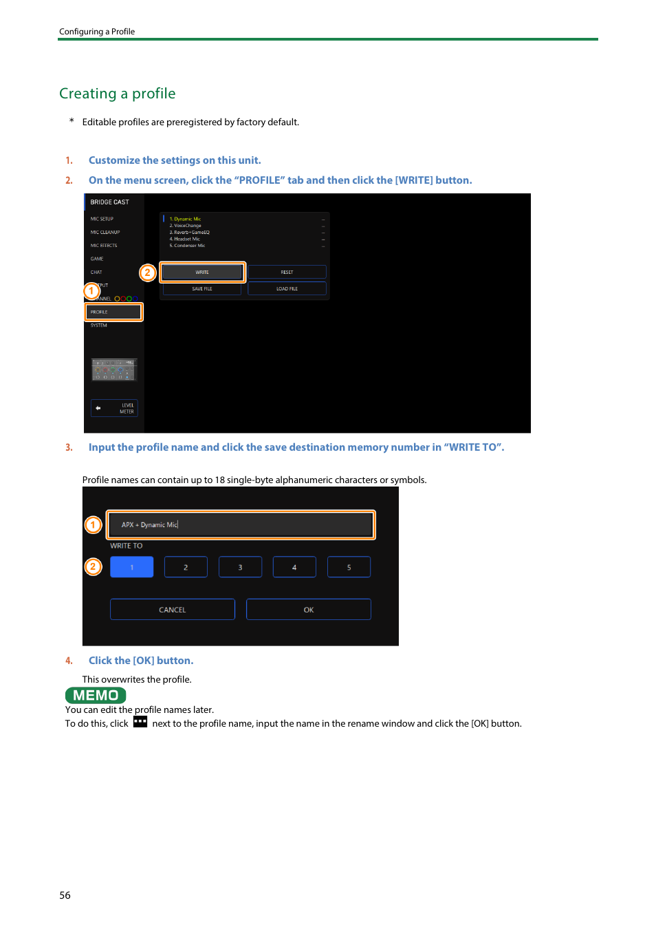 Creating a profile | Roland BRIDGE CAST Dual-Bus Gaming Mixer User Manual | Page 56 / 74