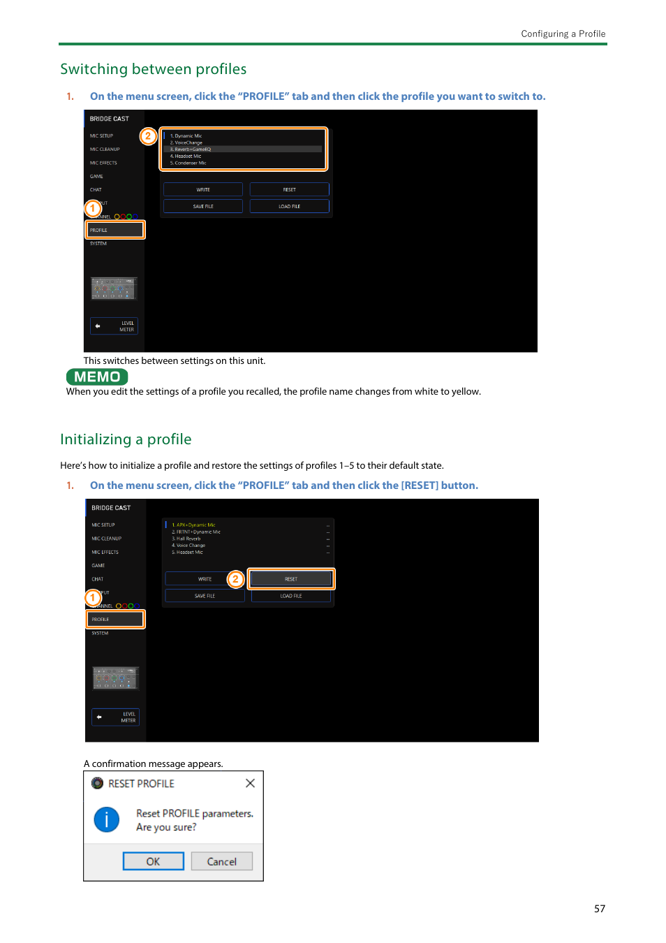 Switching between profiles, Initializing a profile | Roland BRIDGE CAST Dual-Bus Gaming Mixer User Manual | Page 57 / 74