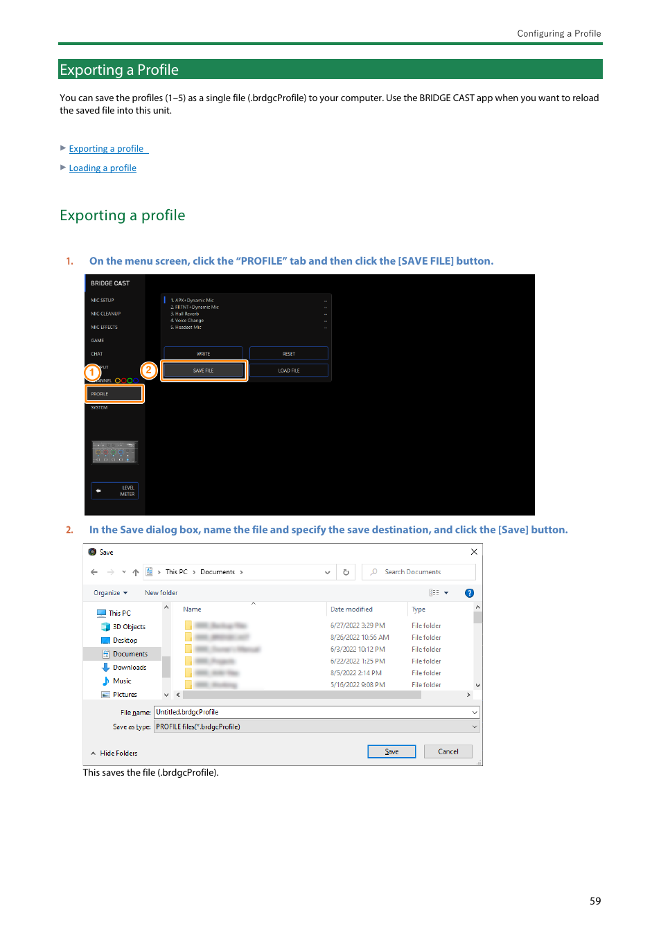 Exporting a profile | Roland BRIDGE CAST Dual-Bus Gaming Mixer User Manual | Page 59 / 74