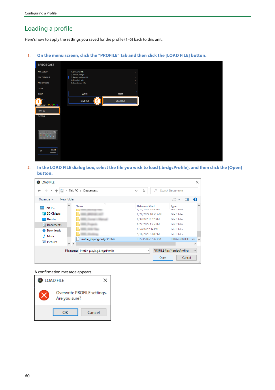 Loading a profile | Roland BRIDGE CAST Dual-Bus Gaming Mixer User Manual | Page 60 / 74