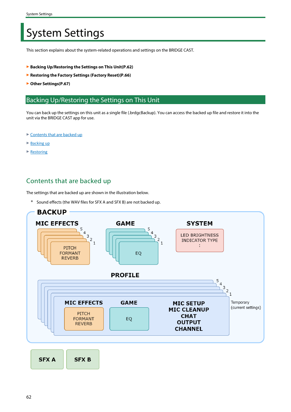 System settings, Backing up/restoring the settings on this unit, Contents that are backed up | Roland BRIDGE CAST Dual-Bus Gaming Mixer User Manual | Page 62 / 74