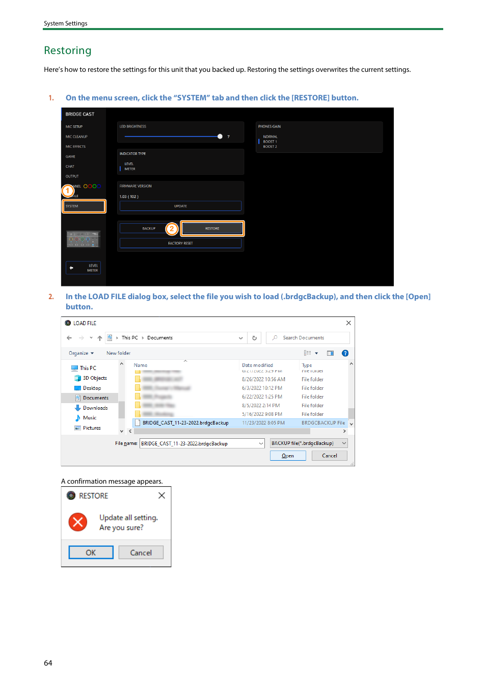 Restoring | Roland BRIDGE CAST Dual-Bus Gaming Mixer User Manual | Page 64 / 74