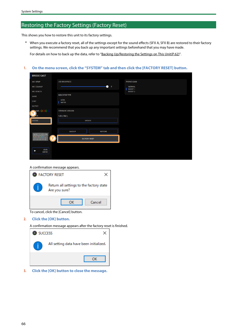 Restoring the factory settings (factory reset), Restoring the factory settings (factory reset)(p | Roland BRIDGE CAST Dual-Bus Gaming Mixer User Manual | Page 66 / 74