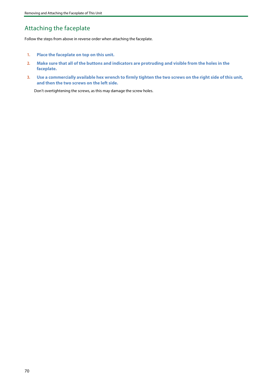 Attaching the faceplate | Roland BRIDGE CAST Dual-Bus Gaming Mixer User Manual | Page 70 / 74