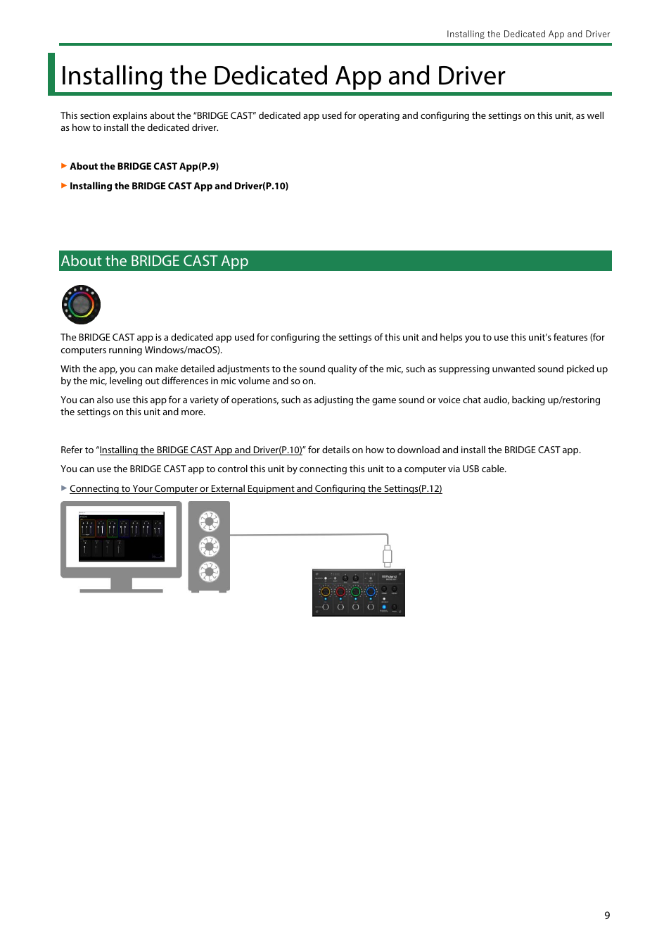 Installing the dedicated app and driver, About the bridge cast app, About the bridge cast | App(p | Roland BRIDGE CAST Dual-Bus Gaming Mixer User Manual | Page 9 / 74