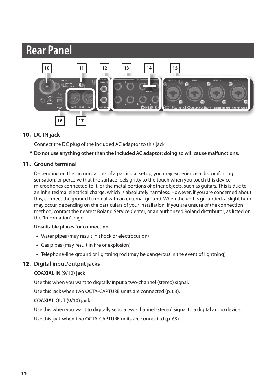 Rear panel | Roland OCTA-CAPTURE - High-Speed USB Audio Interface User Manual | Page 12 / 100