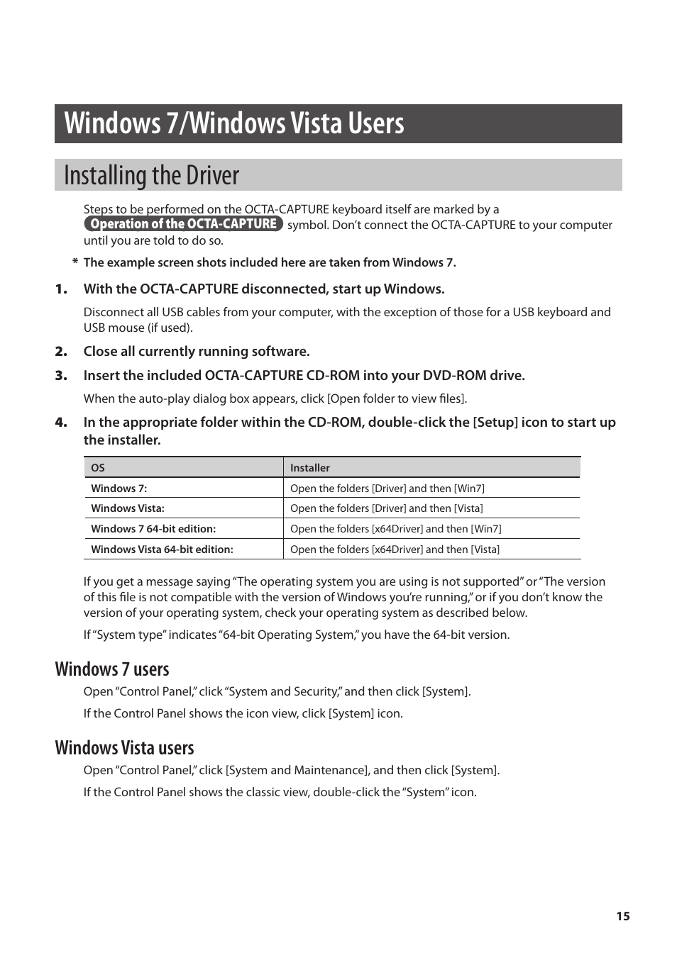 Windows 7/windows vista users, Installing the driver, P. 15 | Windows 7 users, Windows vista users | Roland OCTA-CAPTURE - High-Speed USB Audio Interface User Manual | Page 15 / 100