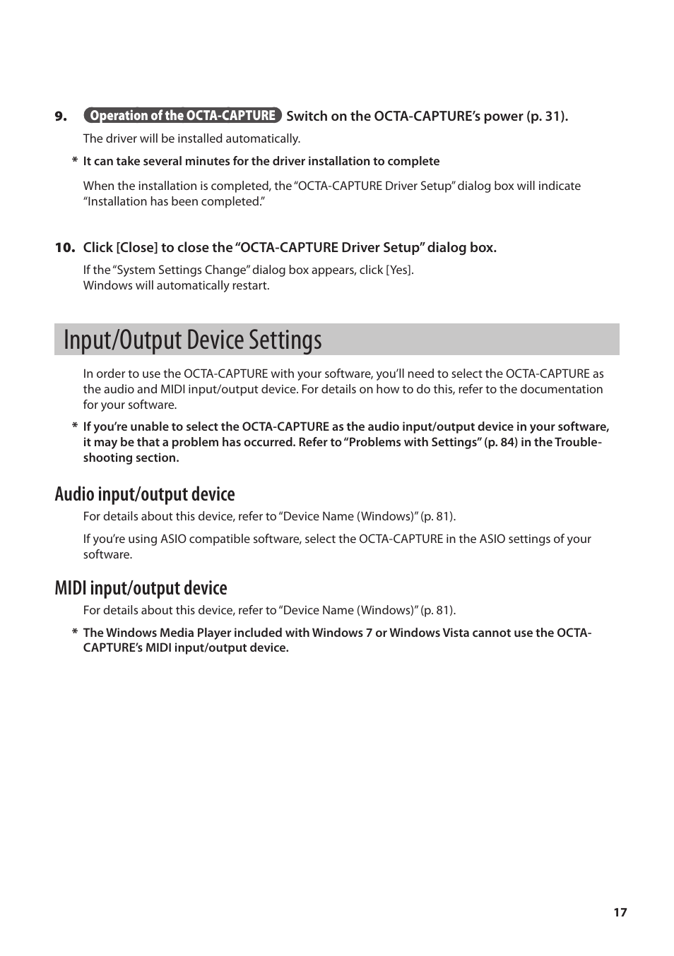 Input/output device settings, P. 17, Audio input/output device | Midi input/output device | Roland OCTA-CAPTURE - High-Speed USB Audio Interface User Manual | Page 17 / 100