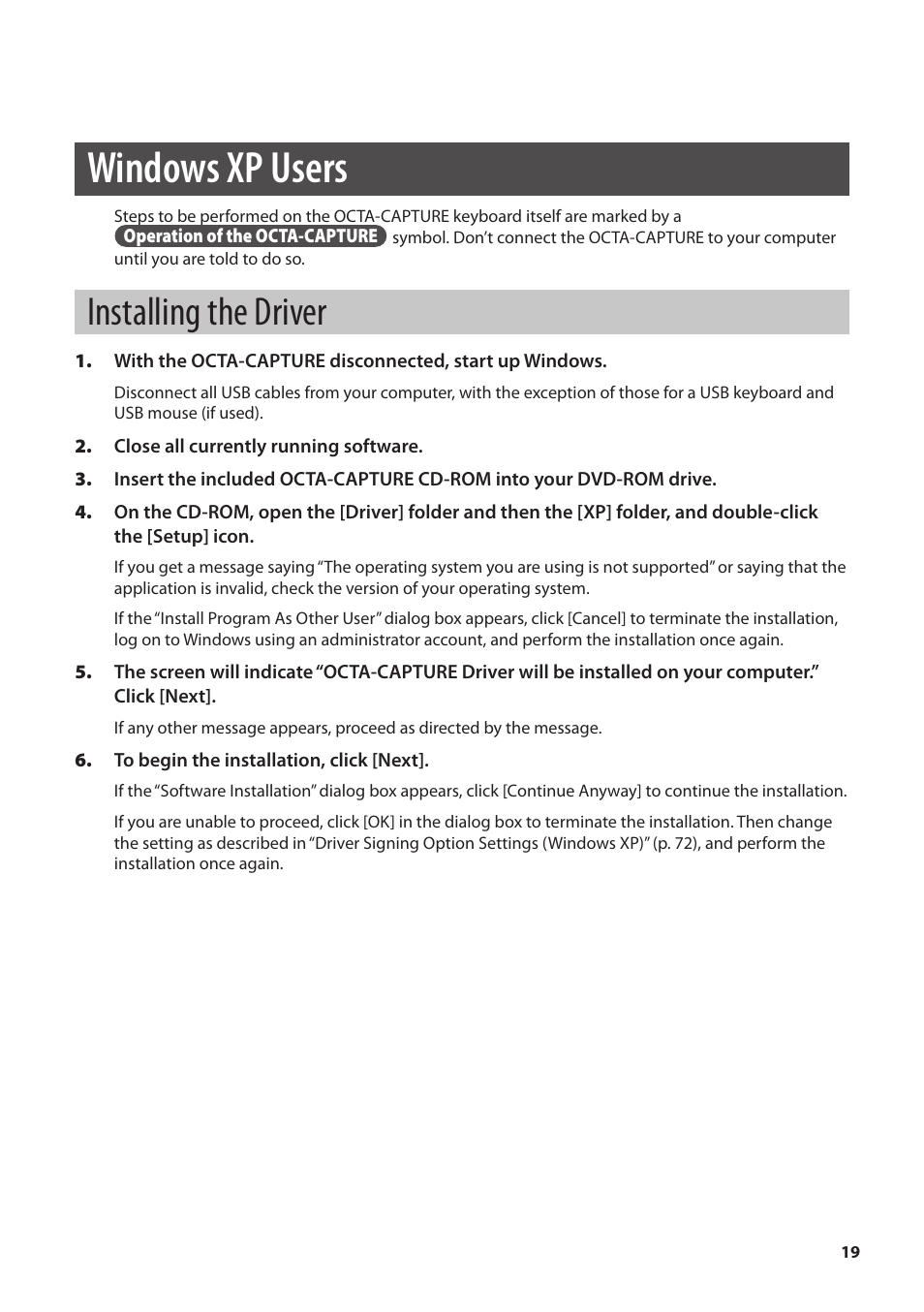 Windows xp users, Installing the driver, P. 19 | Roland OCTA-CAPTURE - High-Speed USB Audio Interface User Manual | Page 19 / 100