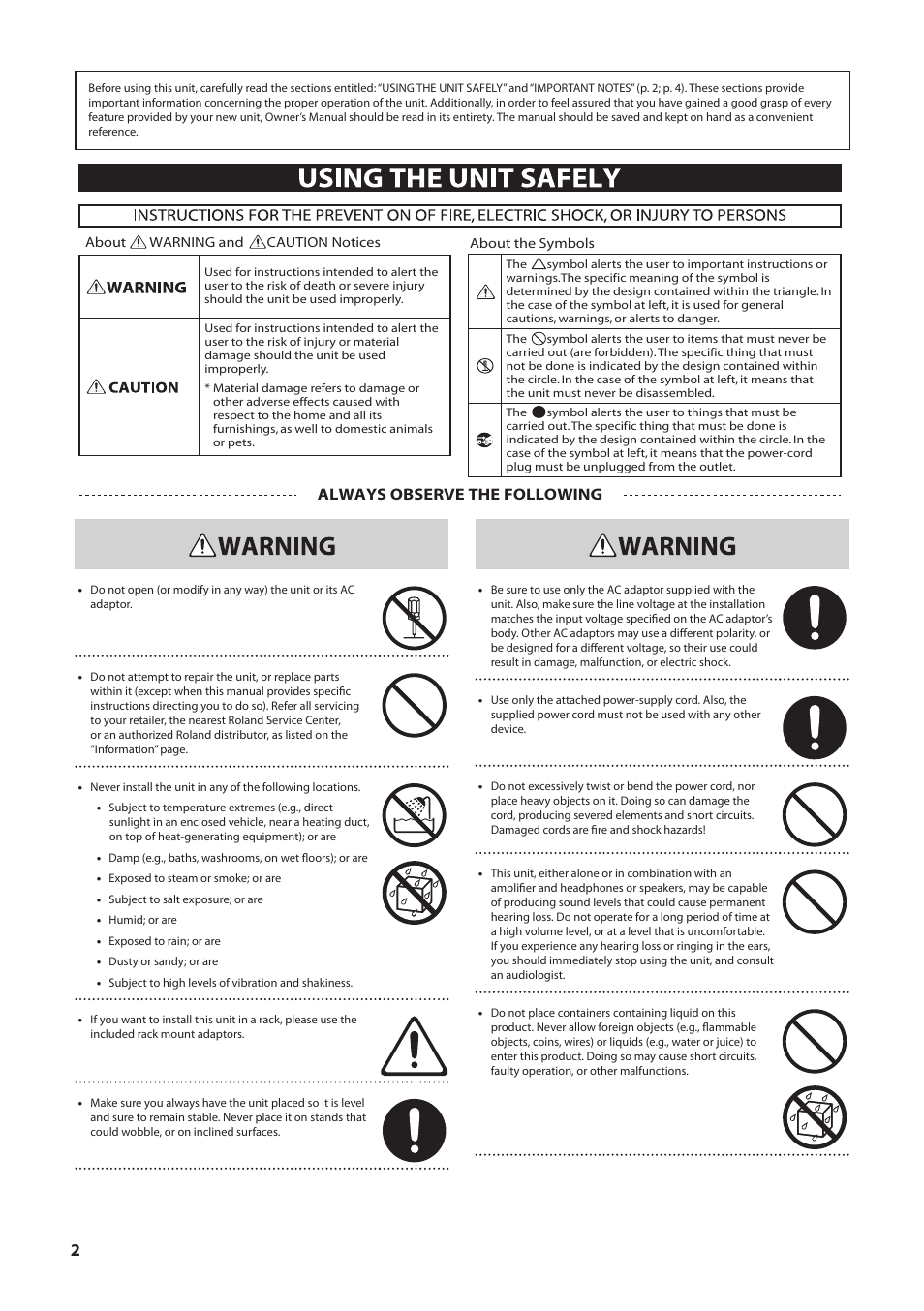 Using the unit safely, Always observe the following | Roland OCTA-CAPTURE - High-Speed USB Audio Interface User Manual | Page 2 / 100
