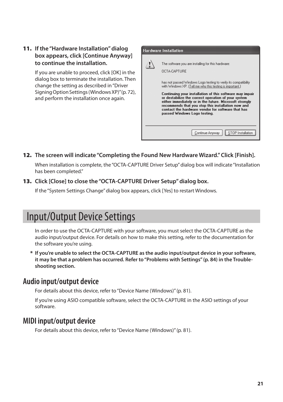 Input/output device settings, P. 21, Audio input/output device | Midi input/output device | Roland OCTA-CAPTURE - High-Speed USB Audio Interface User Manual | Page 21 / 100