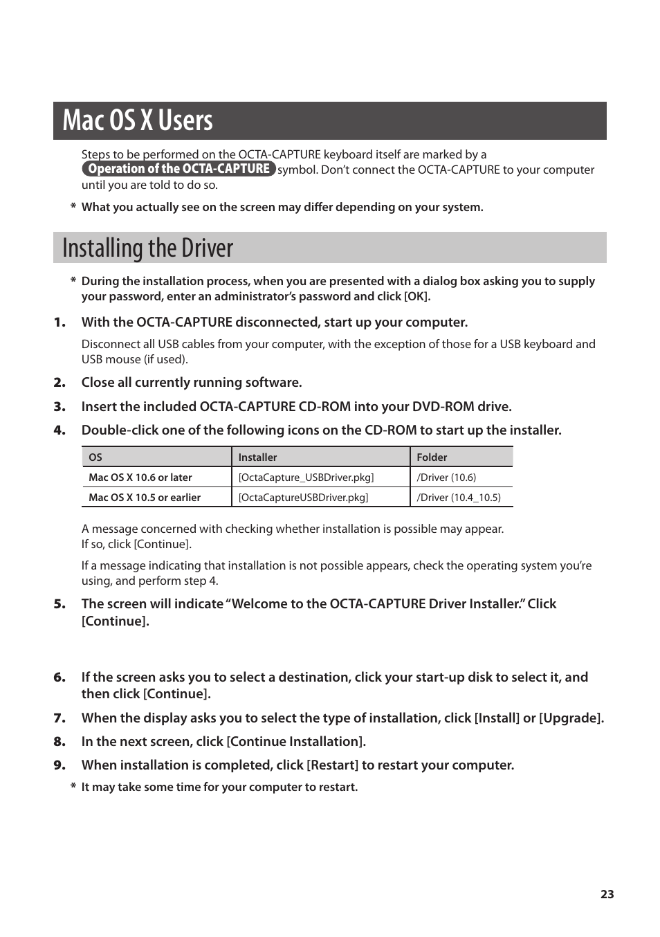 Mac os x users, Installing the driver, P. 23 | Roland OCTA-CAPTURE - High-Speed USB Audio Interface User Manual | Page 23 / 100