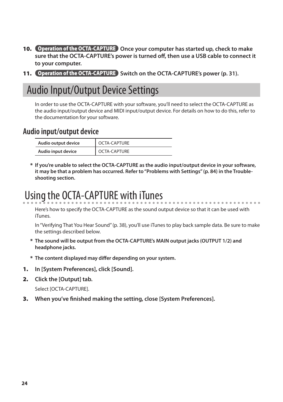 Audio input/output device settings, P. 24, Using the octa-capture with itunes | Audio input/output device | Roland OCTA-CAPTURE - High-Speed USB Audio Interface User Manual | Page 24 / 100