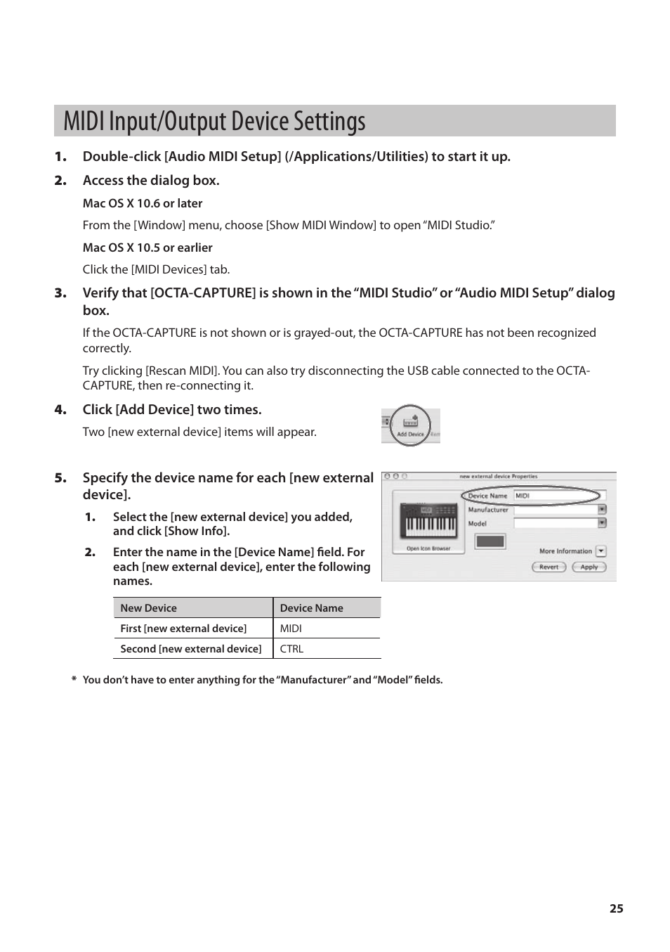 Midi input/output device settings | Roland OCTA-CAPTURE - High-Speed USB Audio Interface User Manual | Page 25 / 100
