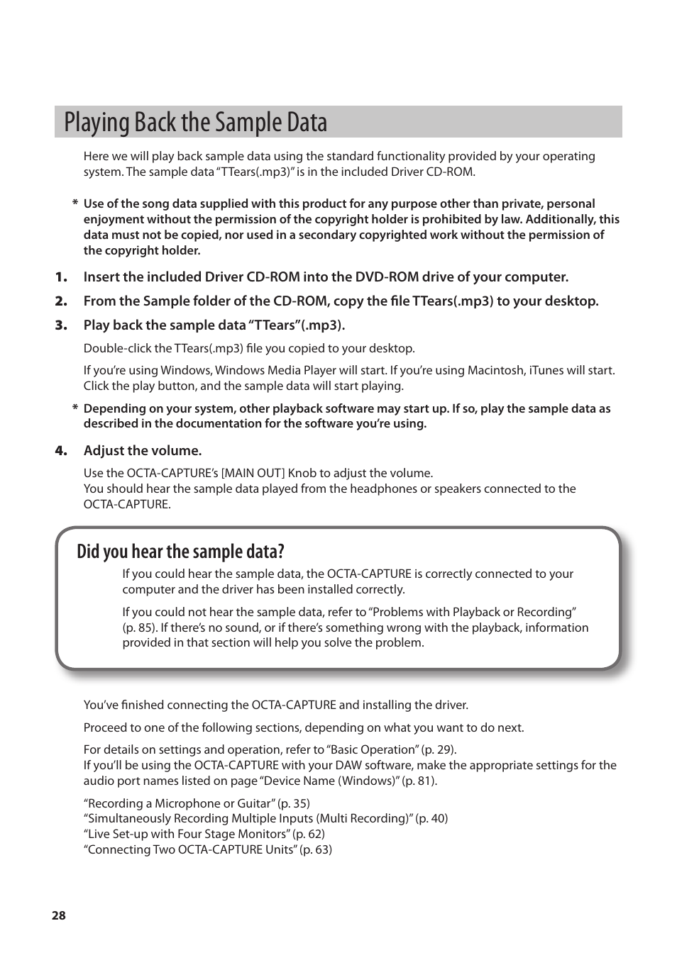Playing back the sample data, Did you hear the sample data | Roland OCTA-CAPTURE - High-Speed USB Audio Interface User Manual | Page 28 / 100