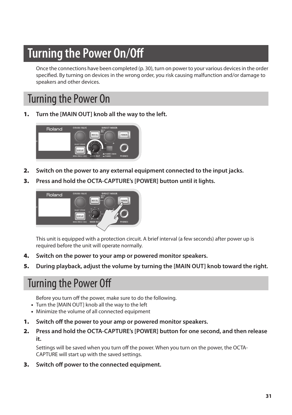 Turning the power on/off, Turning the power on, Turning the power off | Er (p . 31) | Roland OCTA-CAPTURE - High-Speed USB Audio Interface User Manual | Page 31 / 100