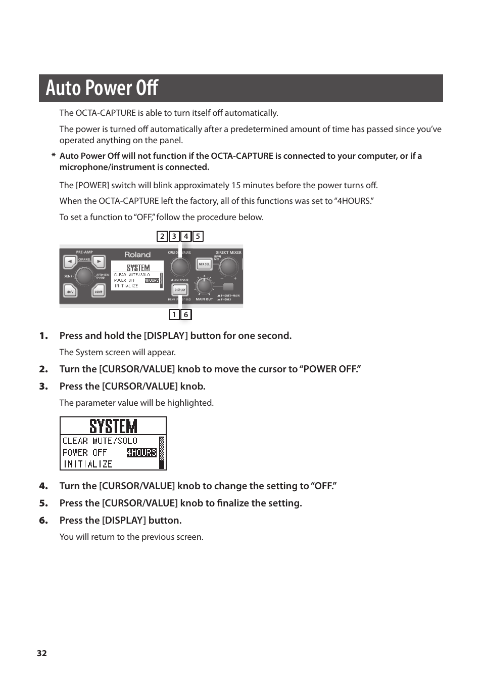 Auto power off | Roland OCTA-CAPTURE - High-Speed USB Audio Interface User Manual | Page 32 / 100