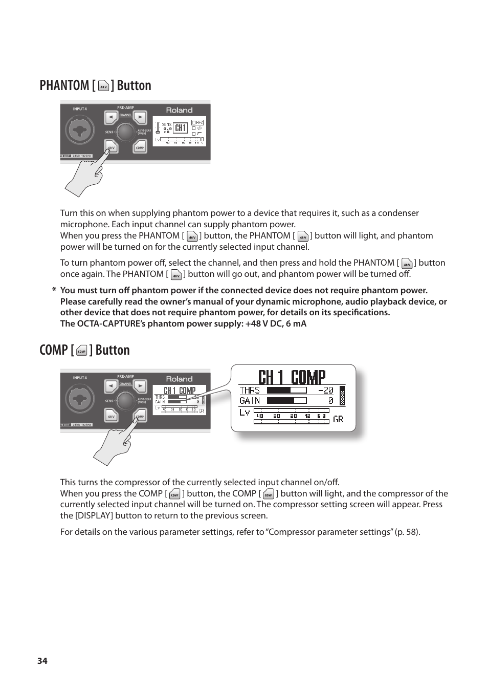 Phantom [ ] button, Comp [ ] button | Roland OCTA-CAPTURE - High-Speed USB Audio Interface User Manual | Page 34 / 100