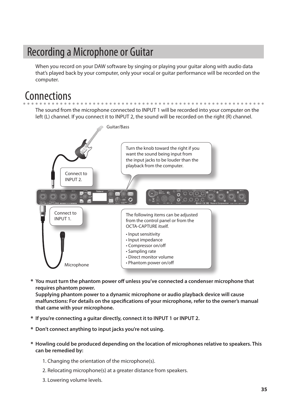 Recording a microphone or guitar, Recording a microphone or guitar” (p. 35), Connections | Roland OCTA-CAPTURE - High-Speed USB Audio Interface User Manual | Page 35 / 100