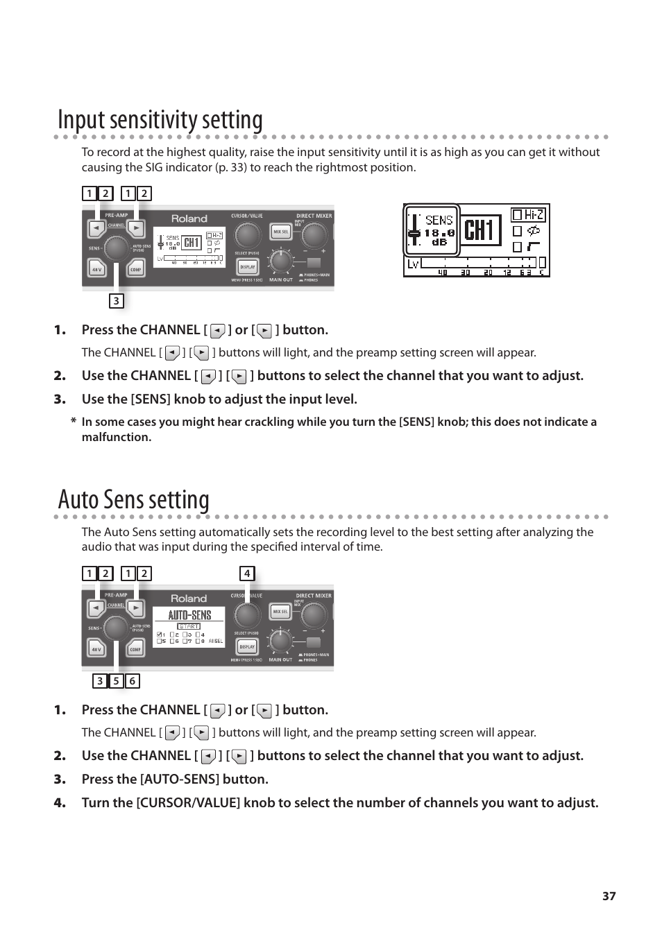 Input sensitivity setting, Auto sens setting | Roland OCTA-CAPTURE - High-Speed USB Audio Interface User Manual | Page 37 / 100