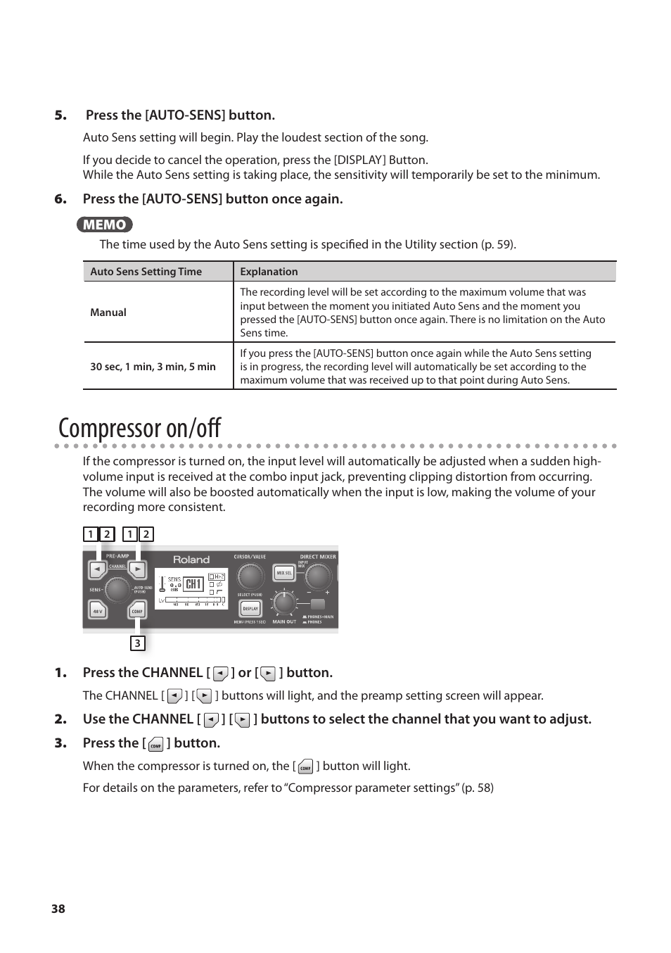 Compressor on/off | Roland OCTA-CAPTURE - High-Speed USB Audio Interface User Manual | Page 38 / 100