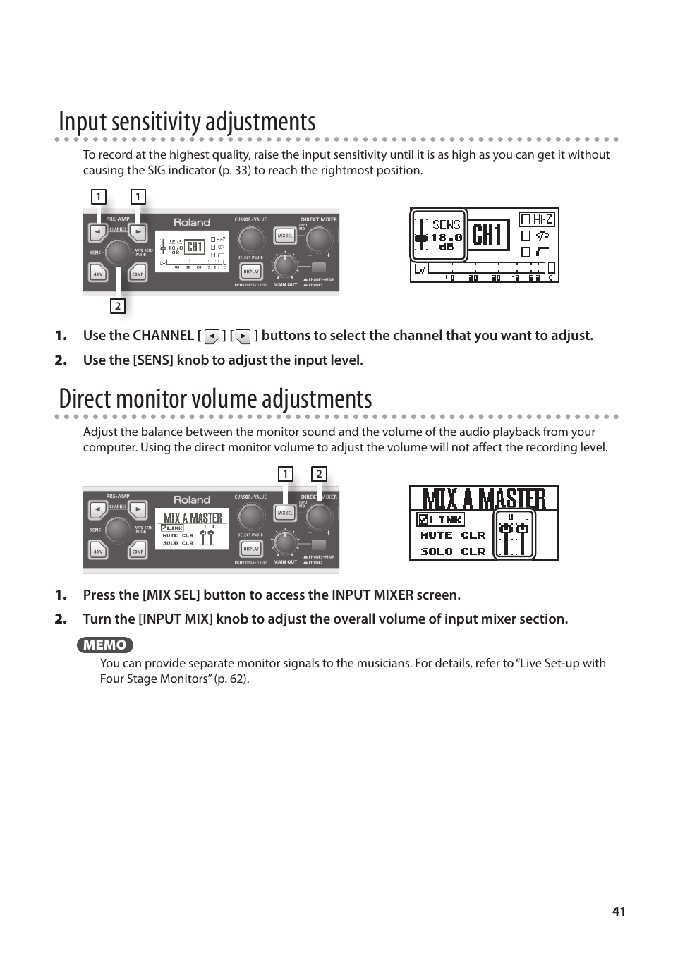 Input sensitivity adjustments, Direct monitor volume adjustments | Roland OCTA-CAPTURE - High-Speed USB Audio Interface User Manual | Page 41 / 100