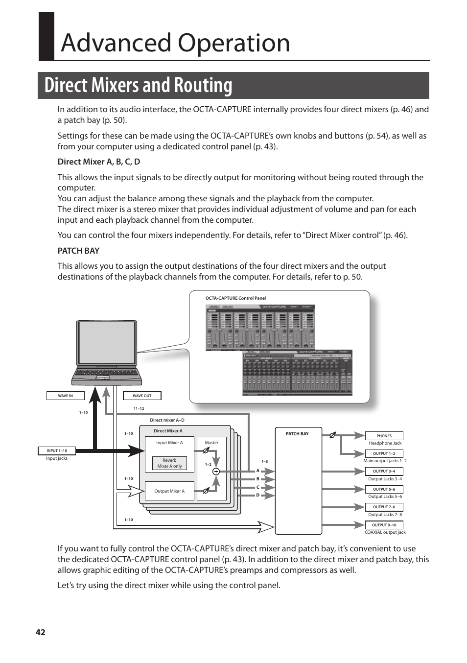 Advanced operation, Direct mixers and routing | Roland OCTA-CAPTURE - High-Speed USB Audio Interface User Manual | Page 42 / 100