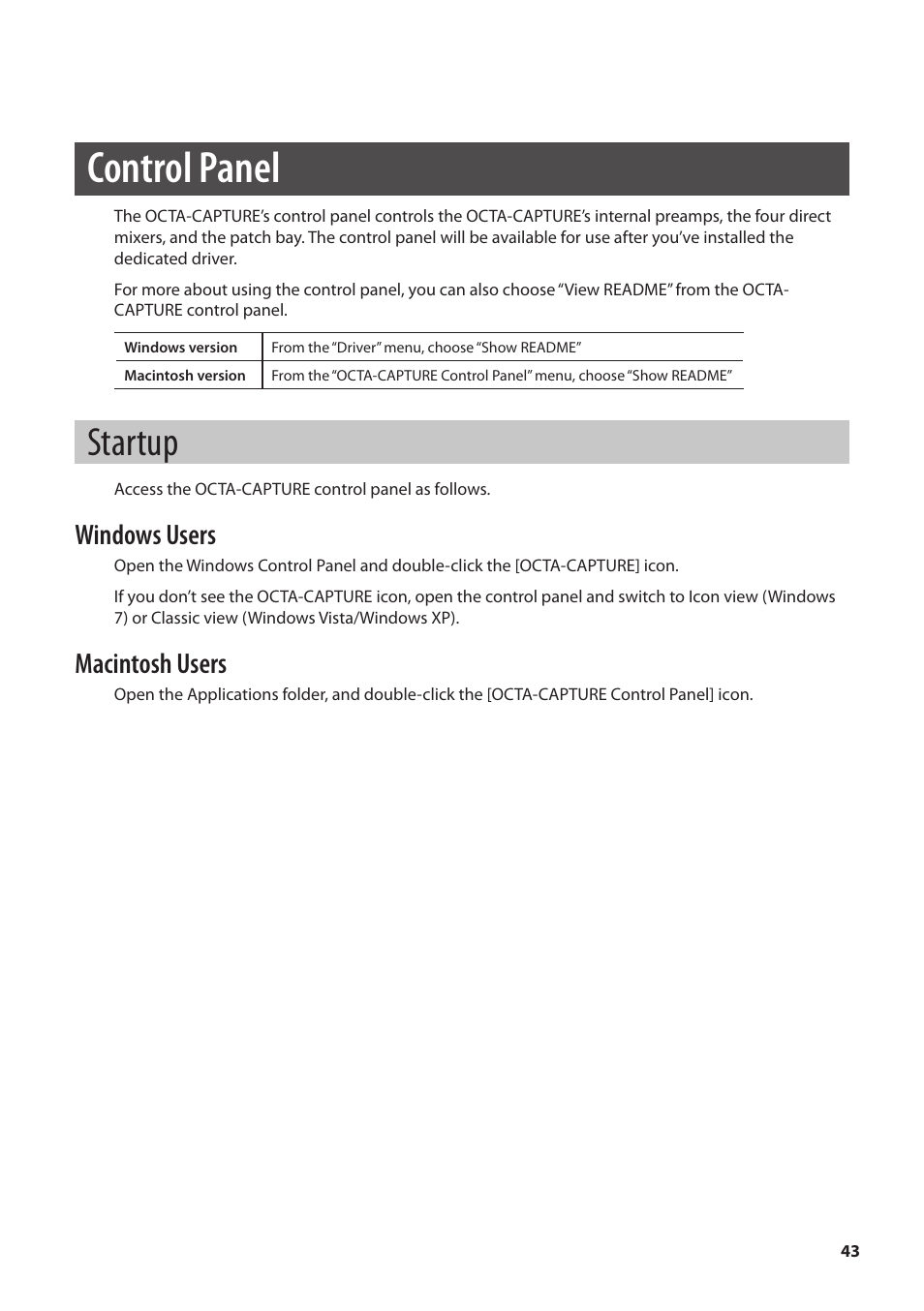 Control panel, Startup, Ol panel (p. 43) | P. 43), Windows users, Macintosh users | Roland OCTA-CAPTURE - High-Speed USB Audio Interface User Manual | Page 43 / 100