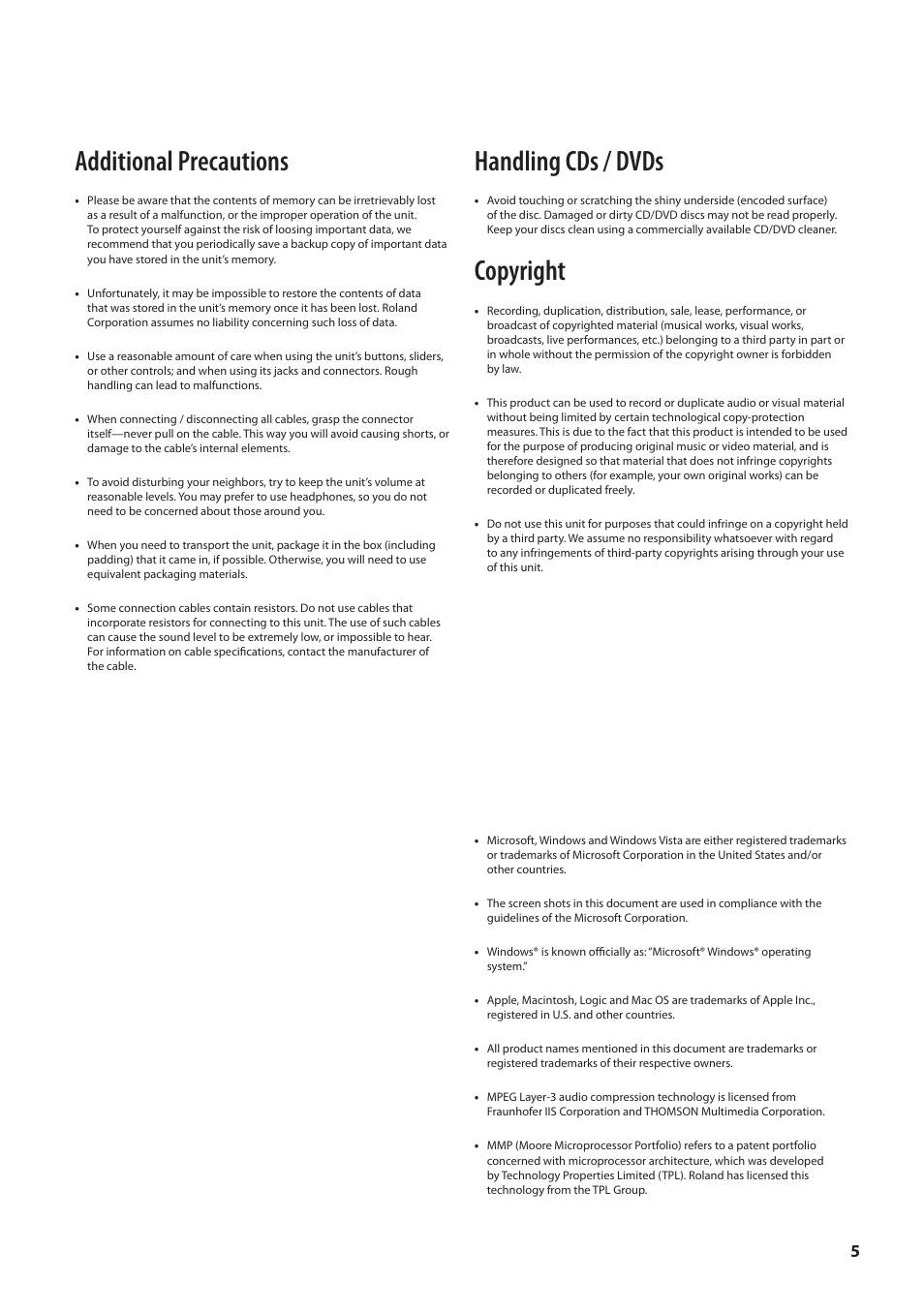Additional precautions, Handling cds / dvds, Copyright | Roland OCTA-CAPTURE - High-Speed USB Audio Interface User Manual | Page 5 / 100
