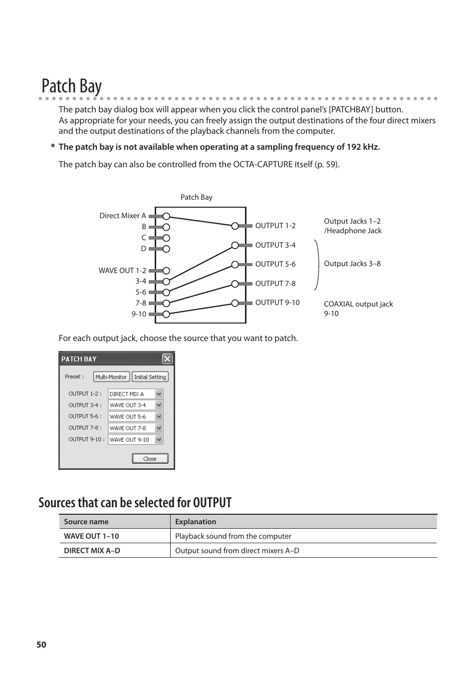 Y (p. 50), O p. 50, Patch bay | Sources that can be selected for output | Roland OCTA-CAPTURE - High-Speed USB Audio Interface User Manual | Page 50 / 100
