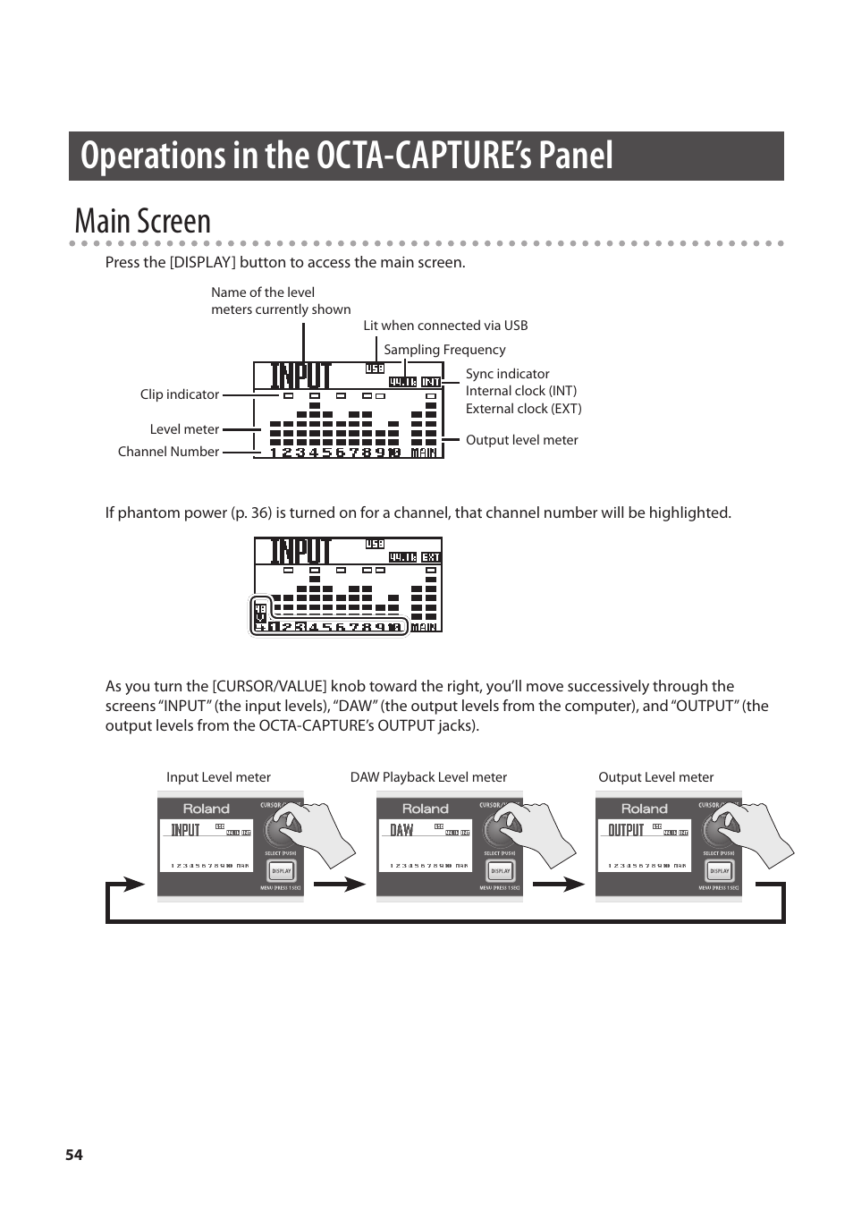 Operations in the octa-capture’s panel, Y (p . 54)/utilit, Ons (p. 54), as w | Main screen | Roland OCTA-CAPTURE - High-Speed USB Audio Interface User Manual | Page 54 / 100