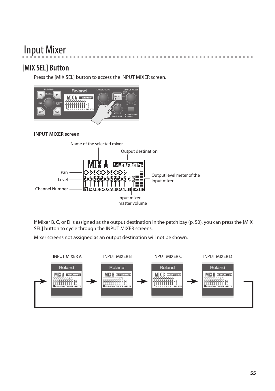 Een (p. 55), Input mixer, Mix sel] button | Roland OCTA-CAPTURE - High-Speed USB Audio Interface User Manual | Page 55 / 100